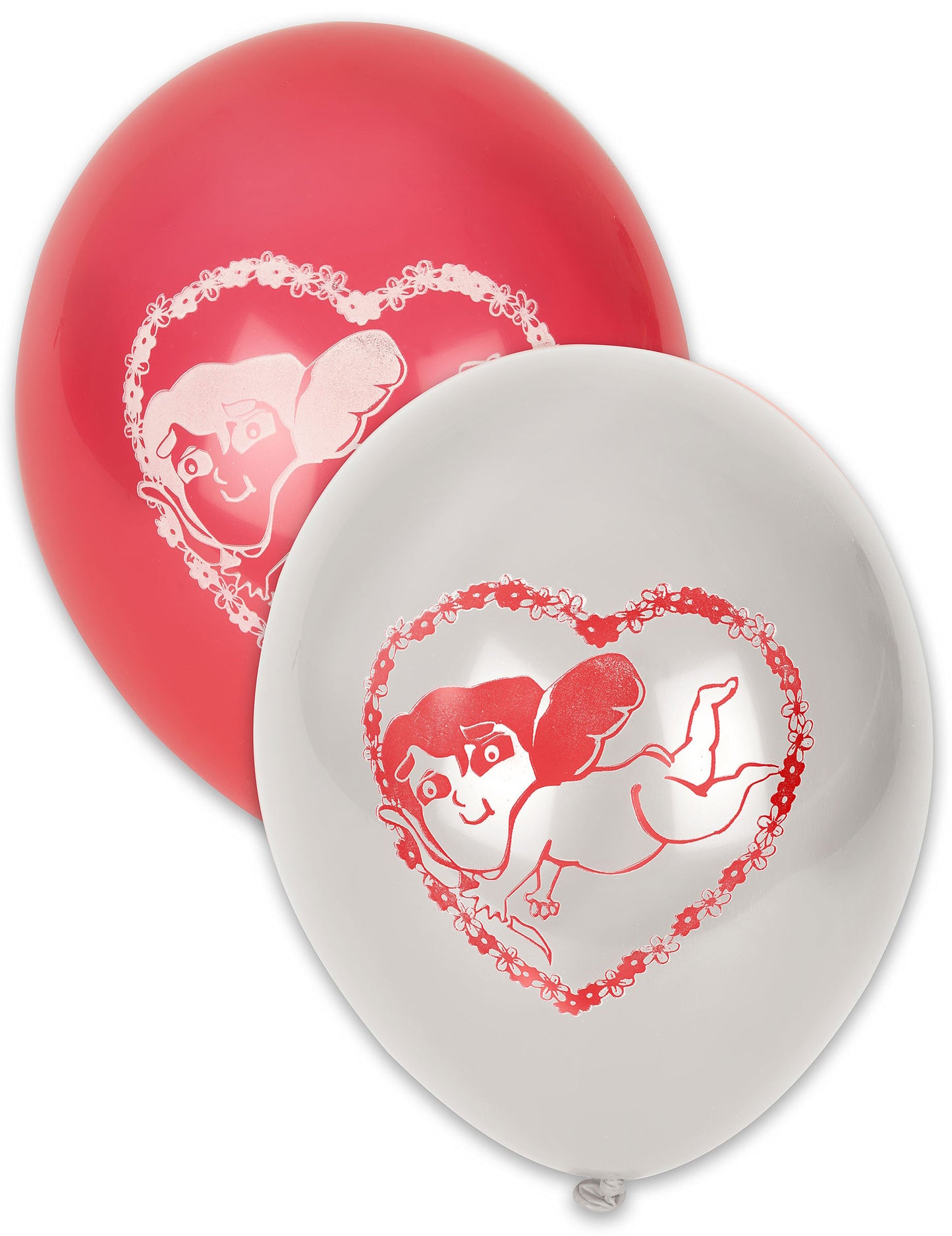 Ballons Saint Valentin blancs et rouges avec motif Cupidon