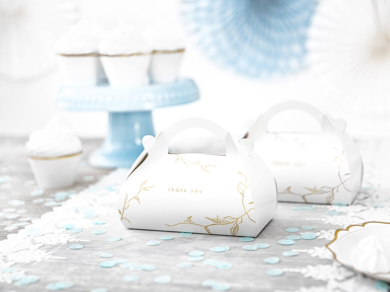 10 bílých a zlatých děkovných kartonových krabic na dort s uchem