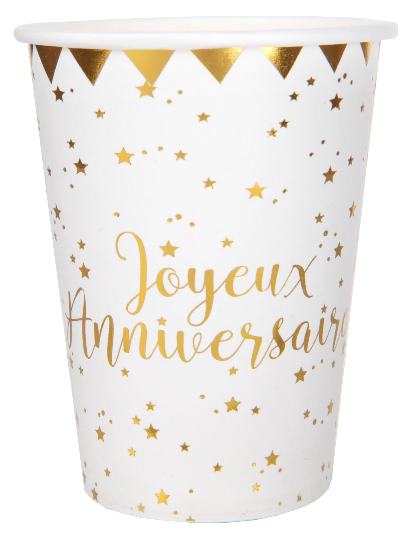 10 bílých a zlatých metalických kartonových kelímků k narozeninám 7,8 x 9,7 cm hvězdy