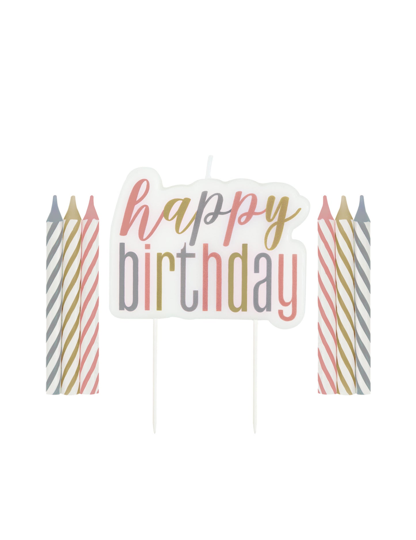 Bougies anniversaire happy birthday pastel rayées et dorées