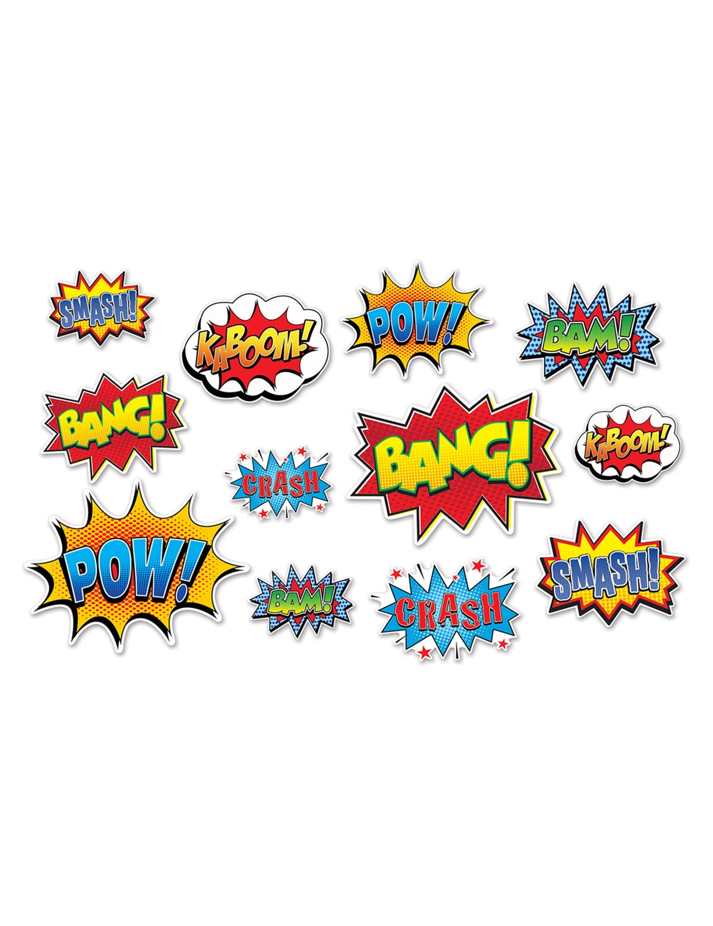 12 décorations murales en carton héros 15 à 31 cm vignettes bd