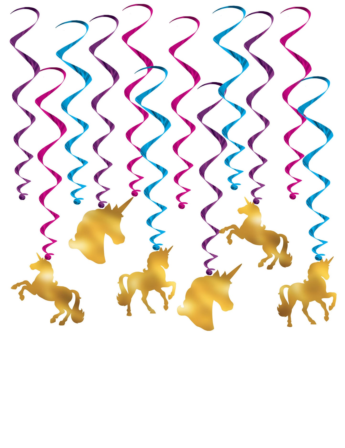 Décorations à suspendre Licornes avec spirales multicolores et silhouettes dorées