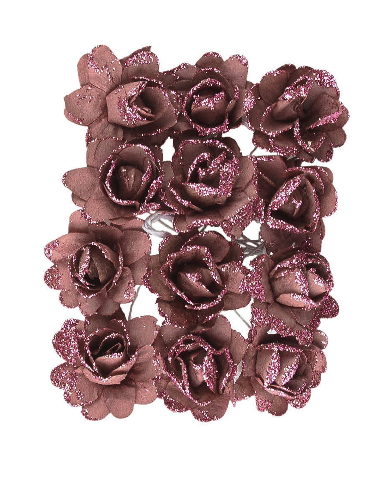 12 třpytivých papírových květů z růžového zlata 9 cm s pružným stonkem