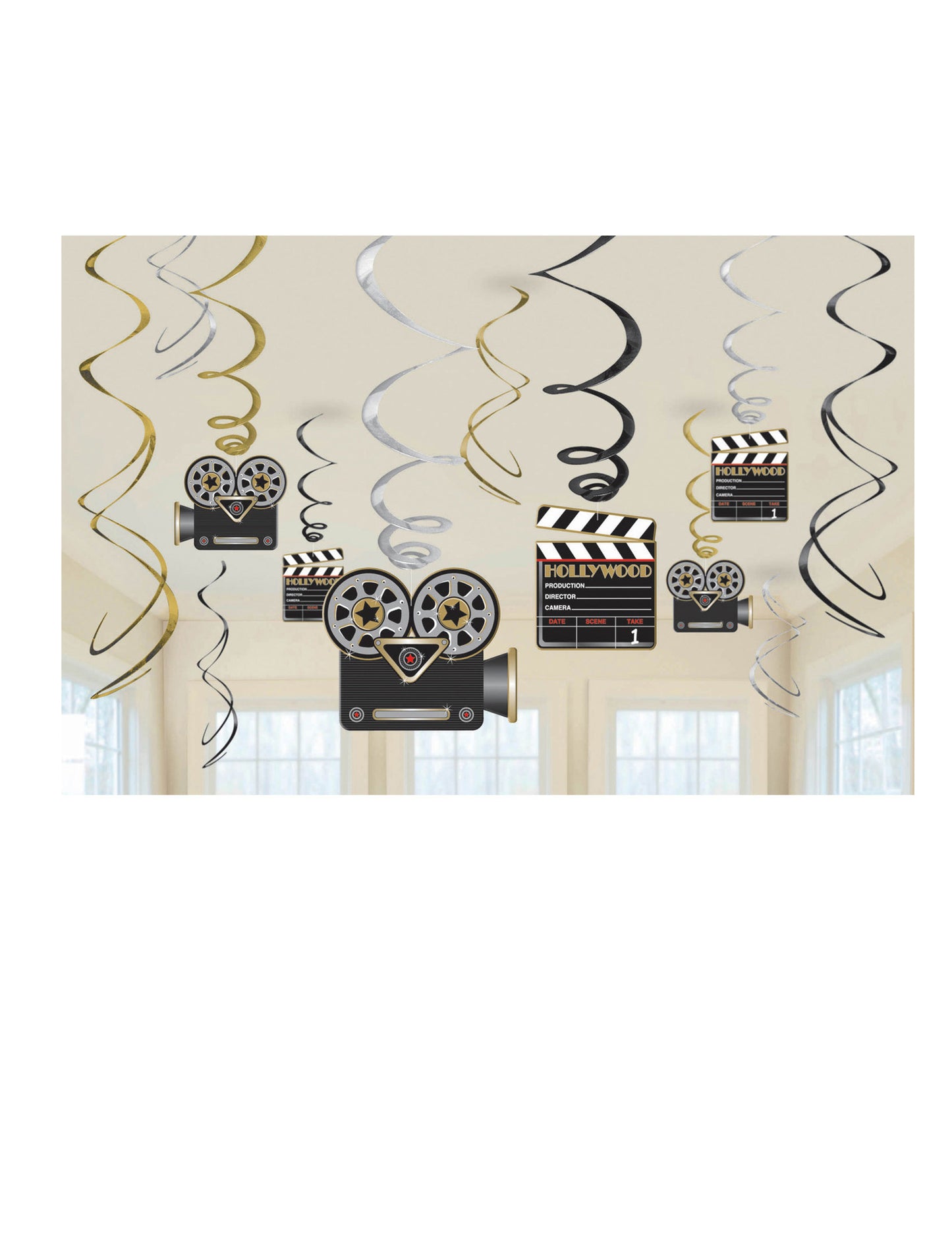 12 spirálových závěsů z kovového kartonu Hollywood 60 cm klapky a kamery