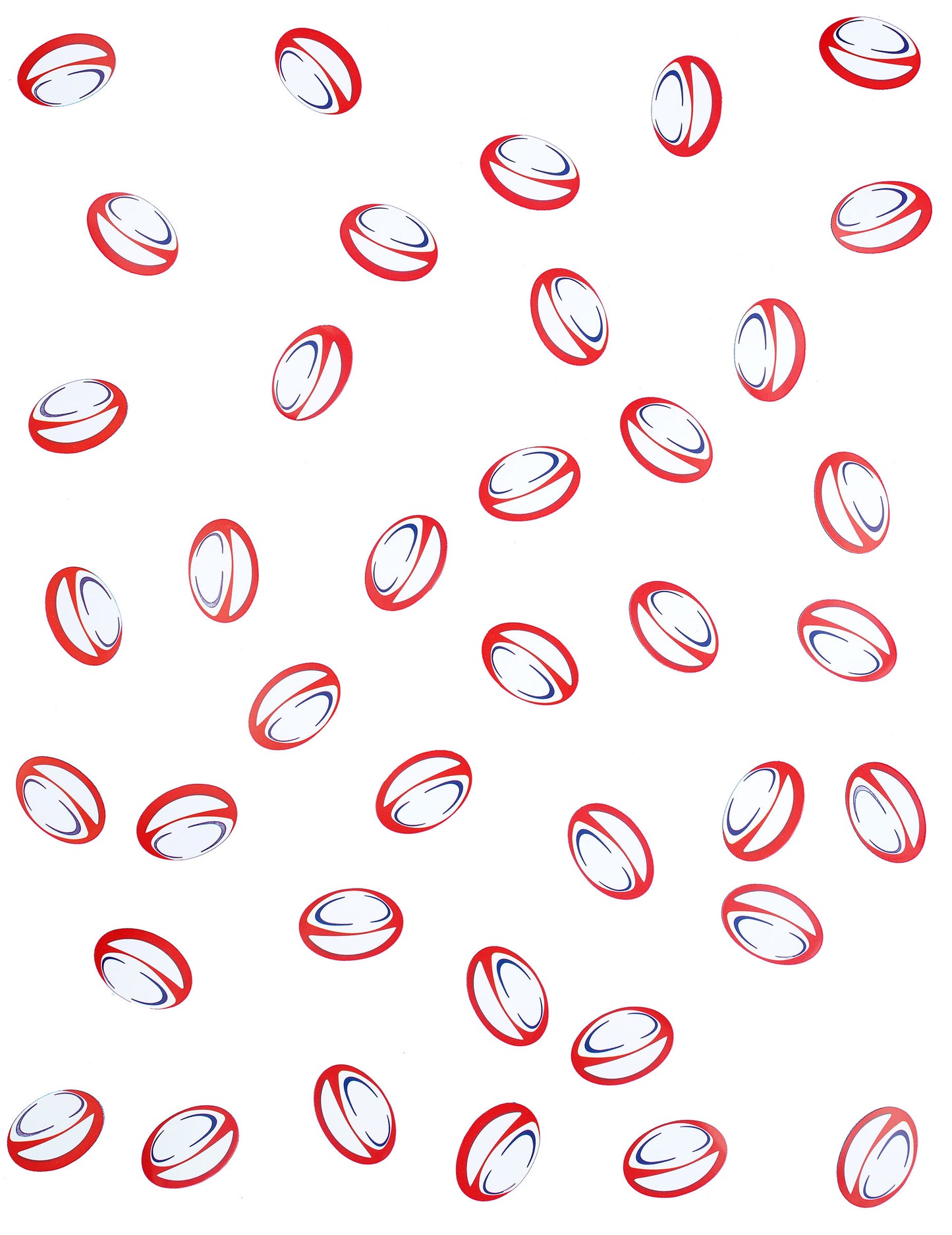 150 stolních konfet červených a modrých ragbyových míčků vyrobených z papíru