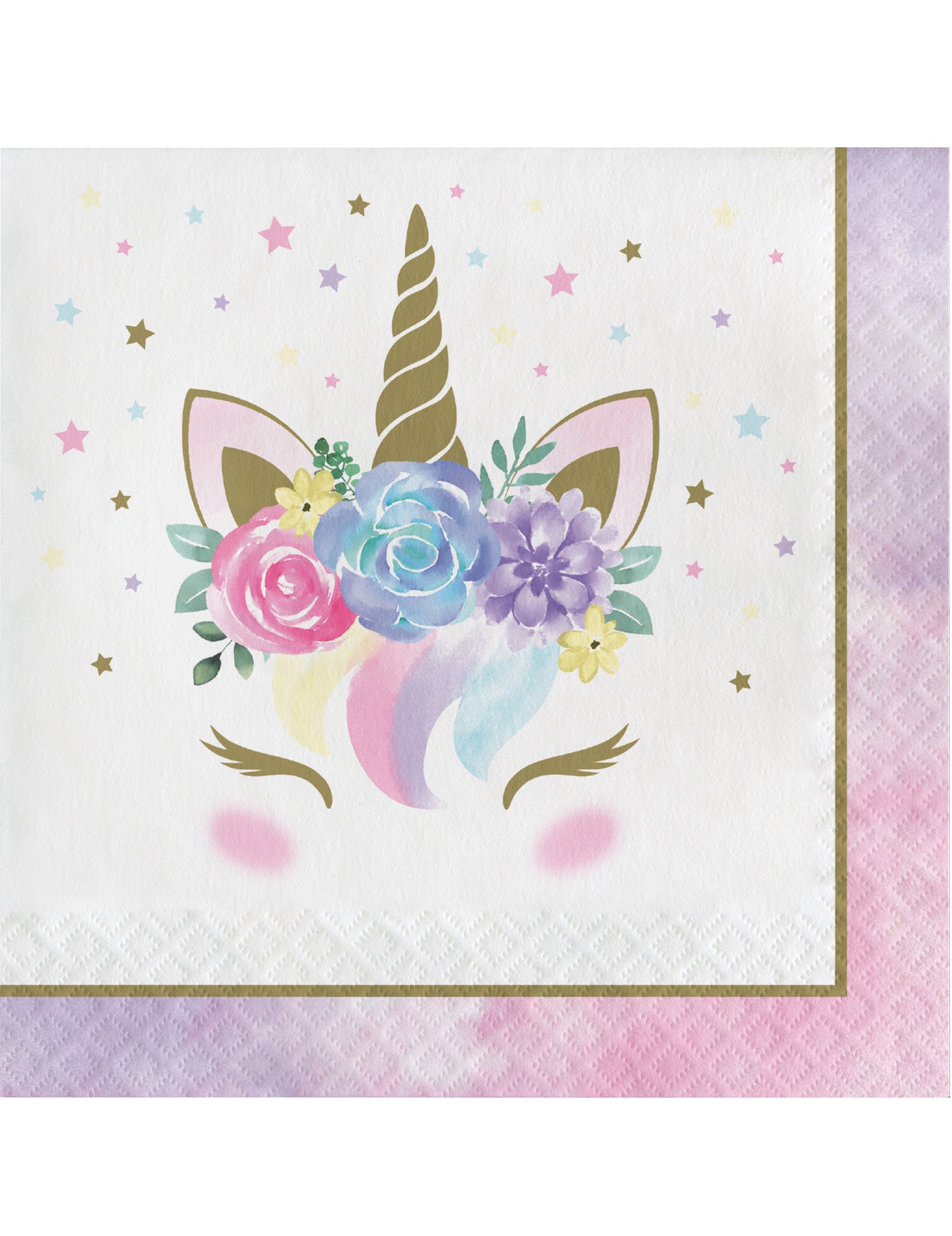 Serviettes en papier licorne féerique blanches avec fleurs et corne dorée