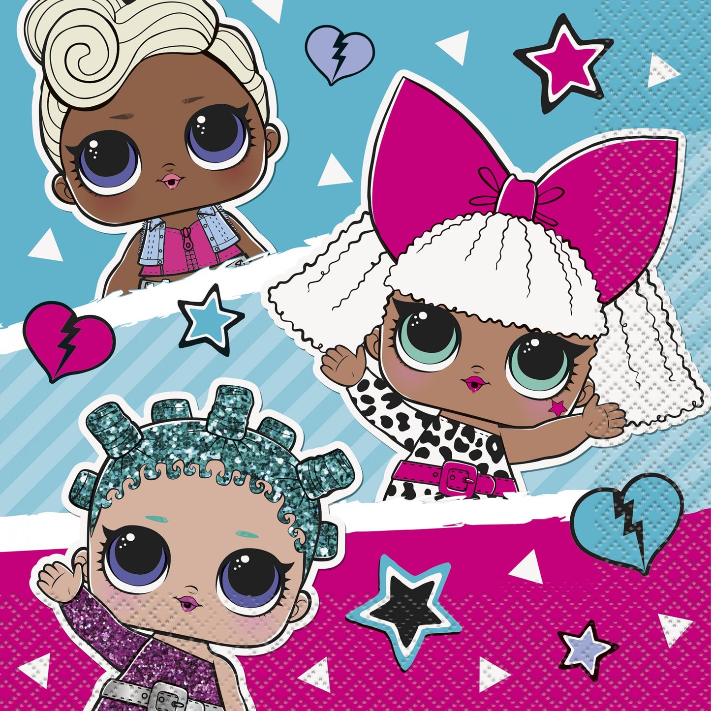 Serviettes en papier LOL Surprise pour enfant multicolores avec trois poupées sur fond bleu et rose