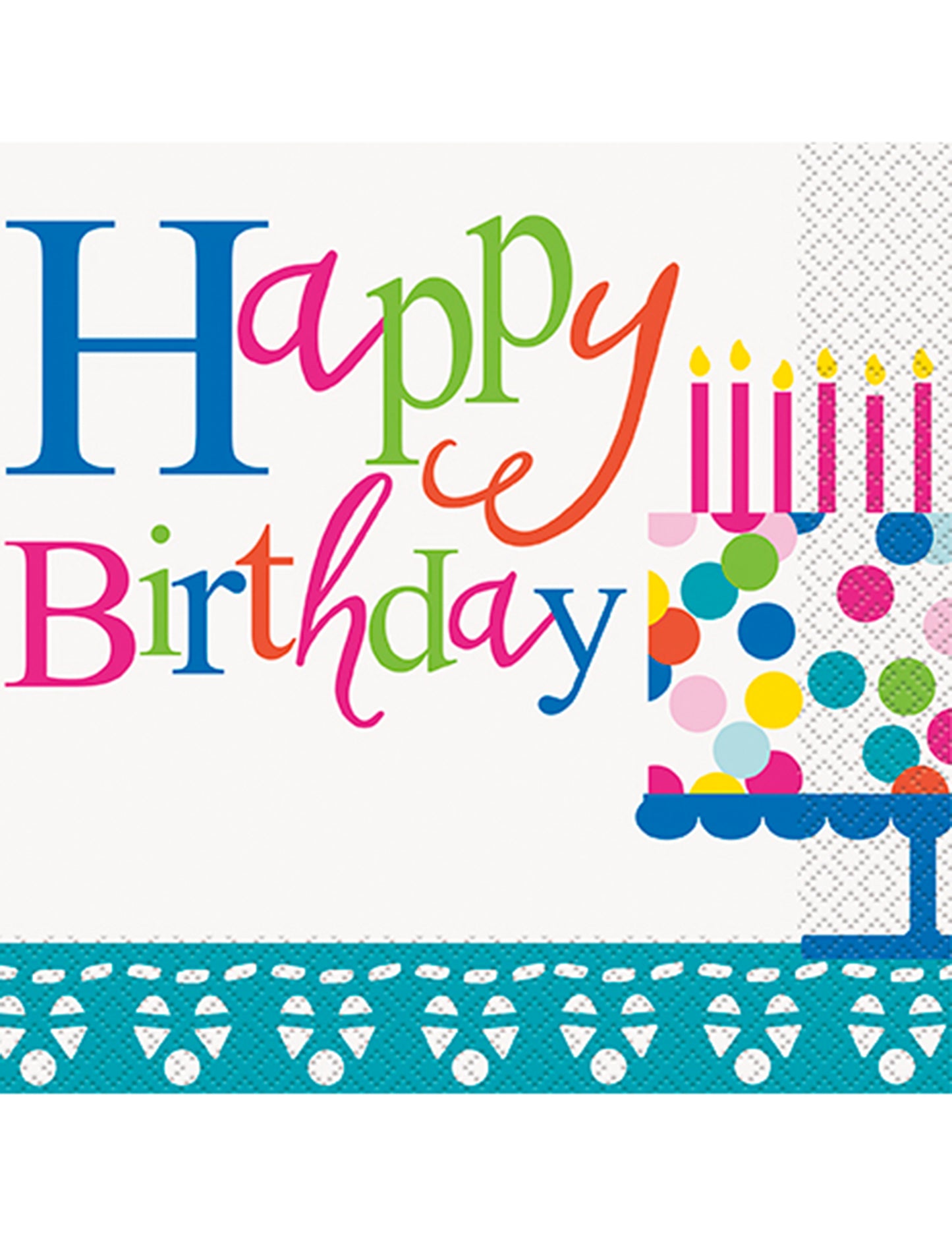 16 papírových ubrousků Happy Birthday tyrkysové s motivem dortu 33 cm