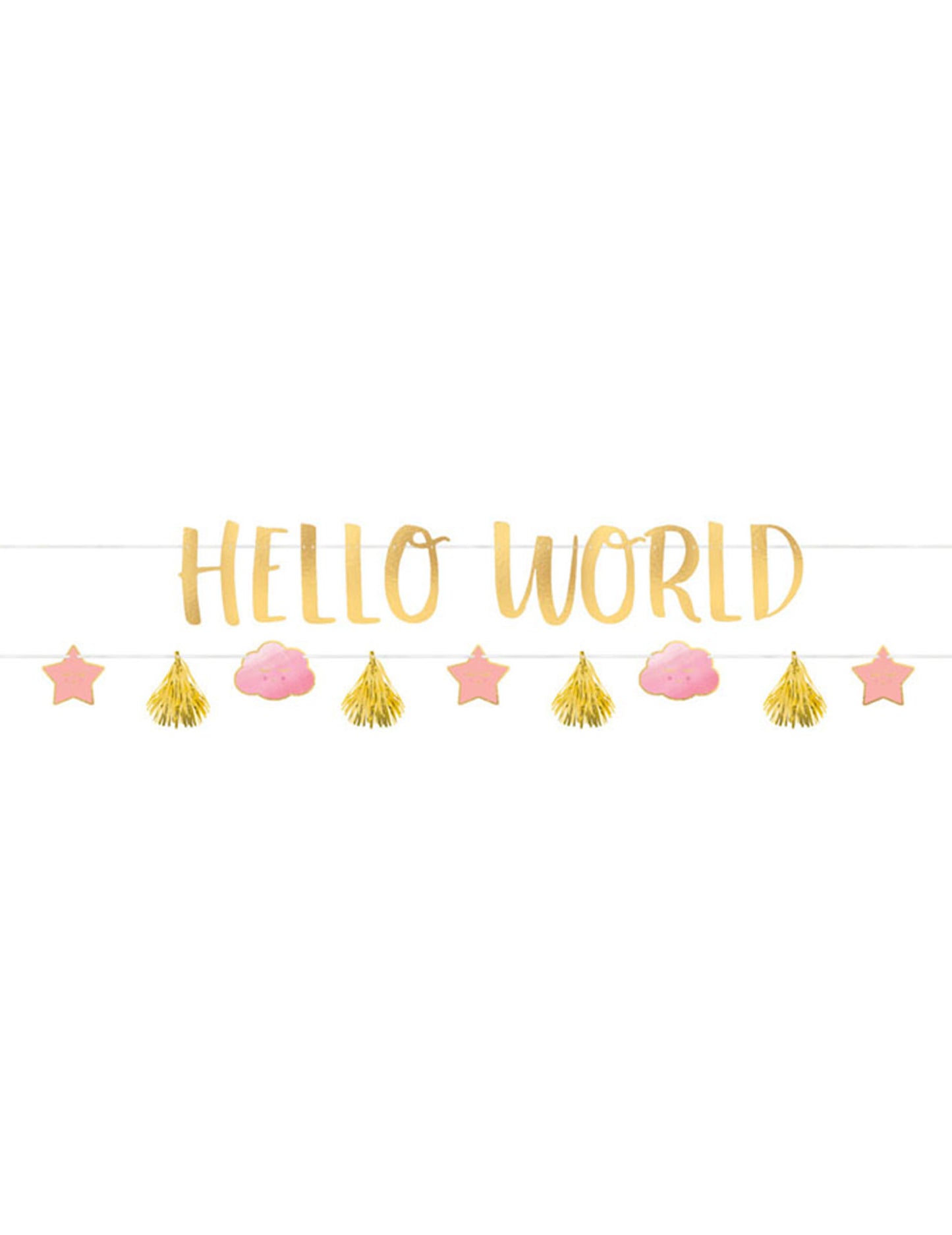 2 růžové a zlaté kartonové girlandy hello world 1,77 m pro miminko