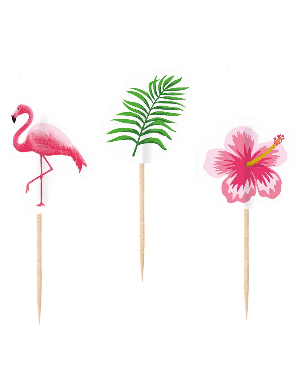 Dekorativní zápichy Flamingo paradise s tropickým motivem růžová a zelená, dřevěné