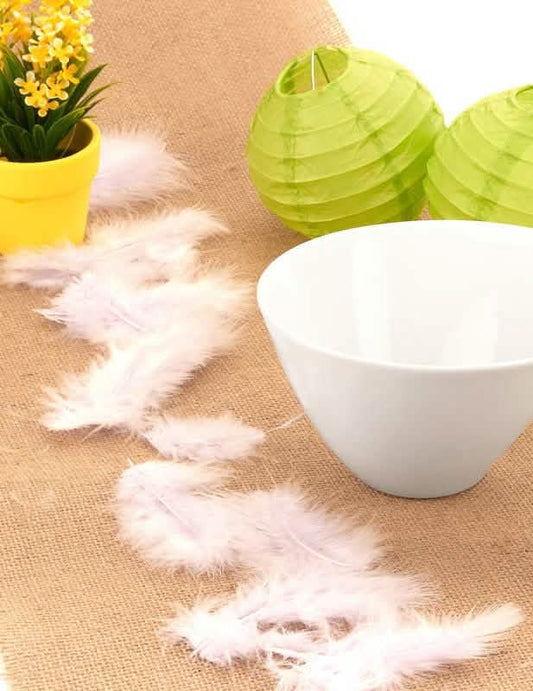 Mise en scène sur une table des plumes de décoration parme pour fête lilas pastel