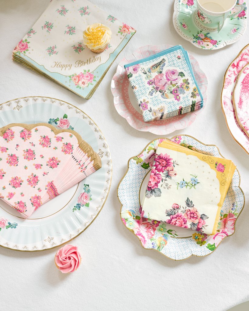 20 papírových ubrousků happy birthday čajový dýchánek mezi kamarádkami růžové květy 33 x 33 cm