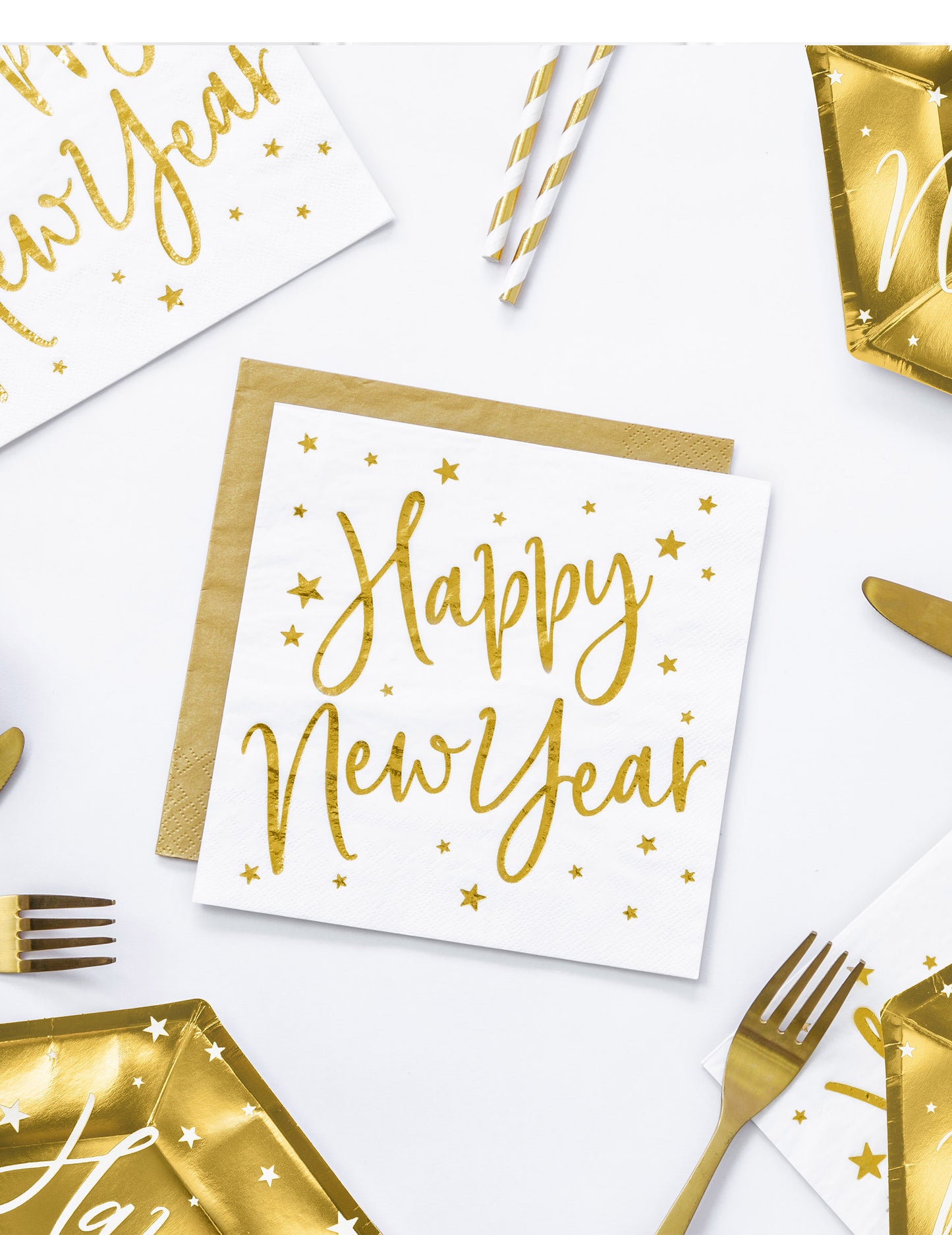 20 bílých a zlatých papírových ubrousků pro šťastný nový rok 33 x 33 cm s hvězdami