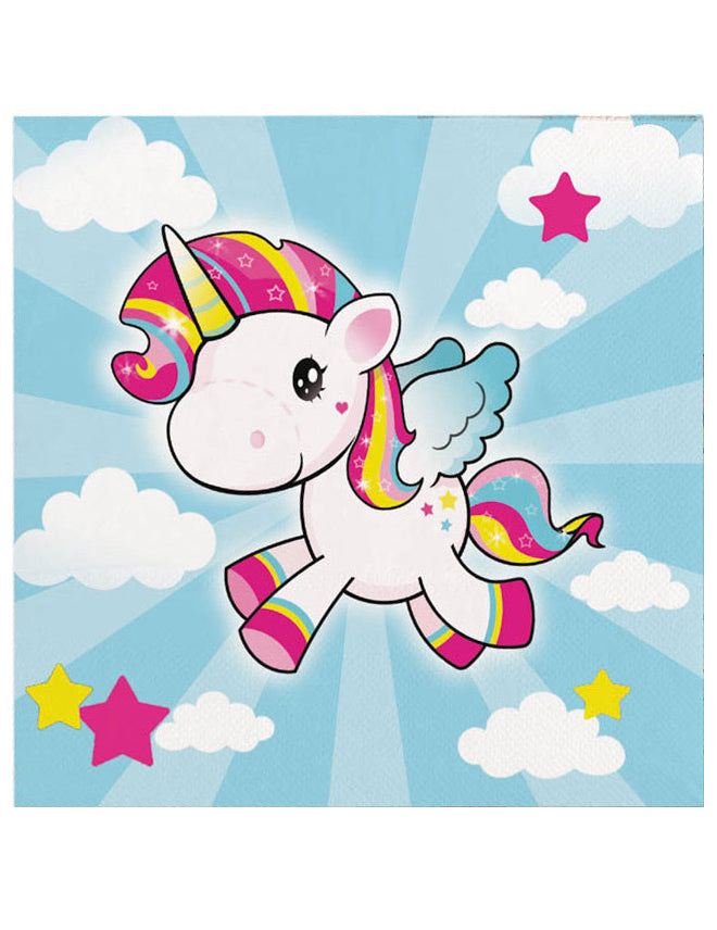 Serviettes en papier Licorne pour enfant bleu ciel avec nuages et étoiles