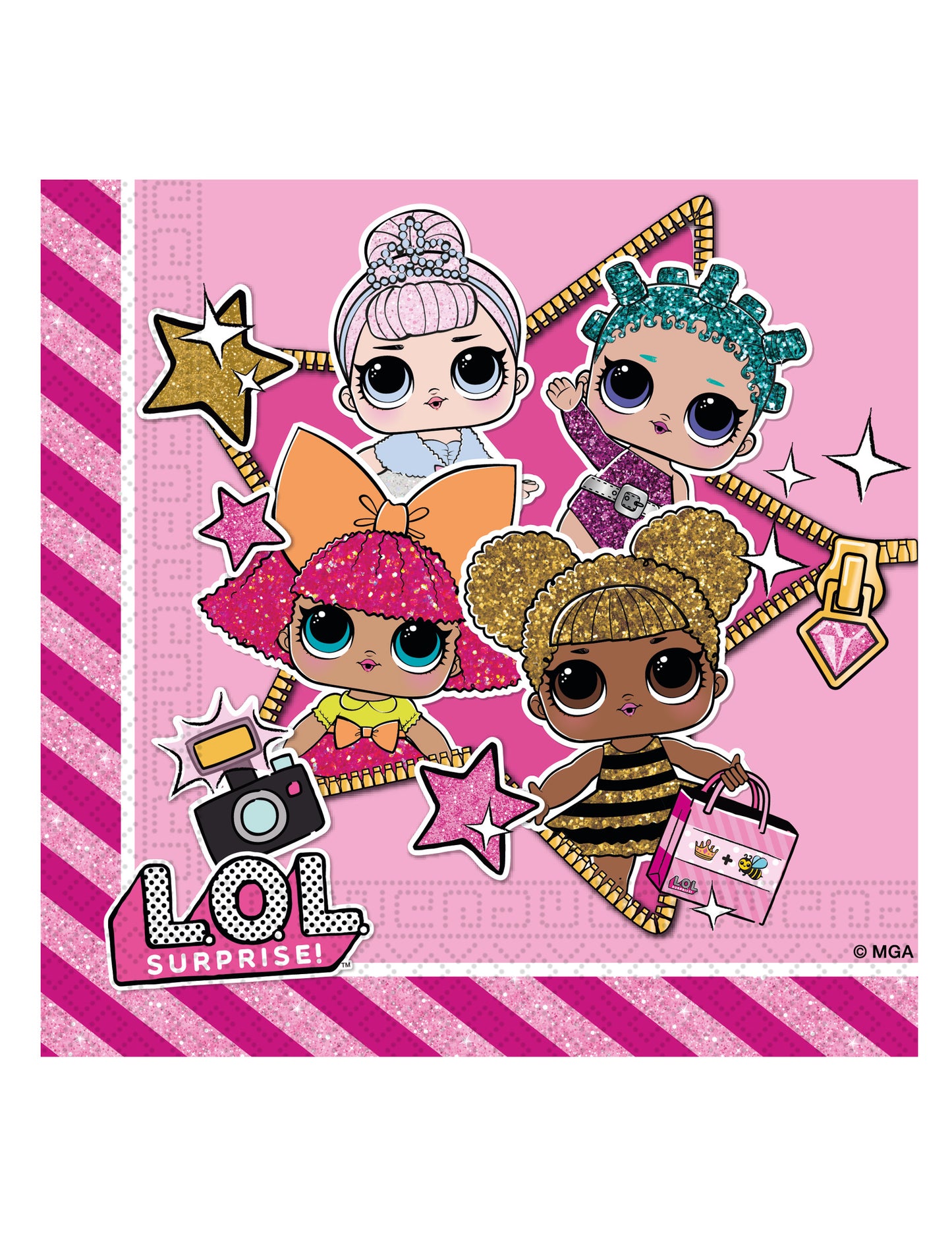 Serviettes en papier LOL™ pour enfant rose à motifs pailletés et poupées