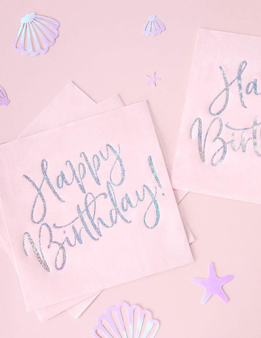 Serviettes en papier Happy Birthday pour fête roses et iridescent