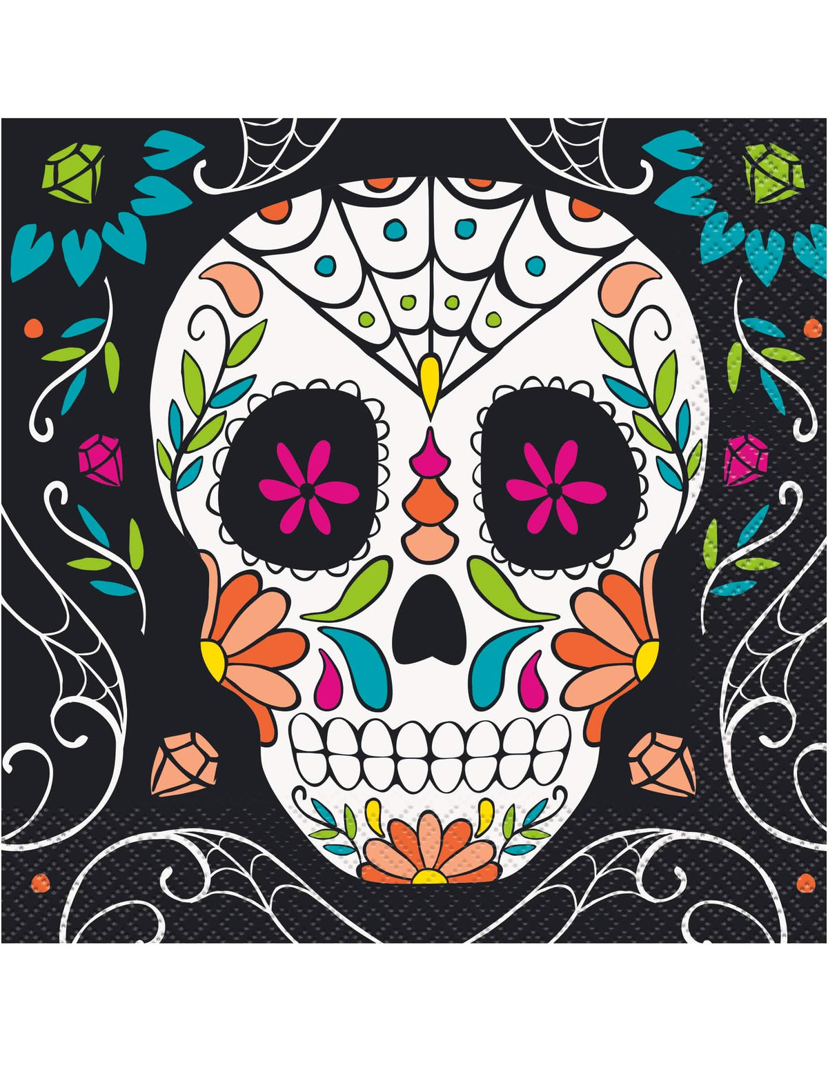 papírové ubrousky s motivem lebky Day of the Dead na párty vícebarevné na černám pozadí