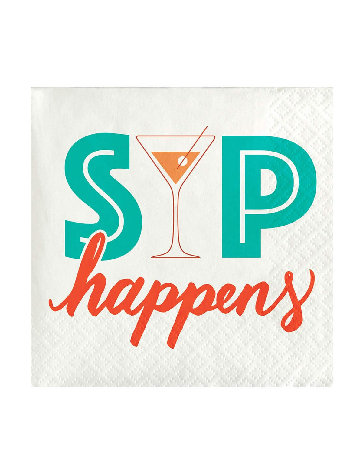 papírové ubrousky Sip Happens Cocktail pro dospělý bílé s tyrkysovým a oranžová textem