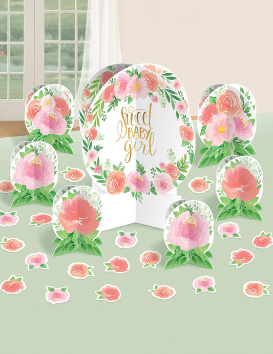 Vue d'ensemble des accessoires de décoration de table sweet baby girl fleurie et vintage