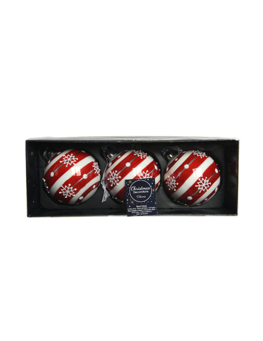 Coffret de présentation des boules de noël en verre flocons pour sapin rayées rouge et blanc