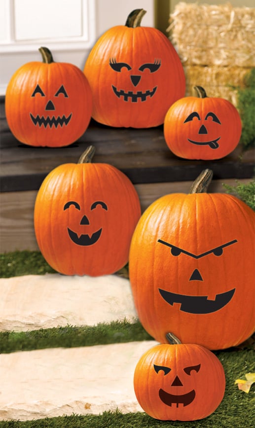6 obličejových dekorací na dýně k nalepení, černé na Halloween