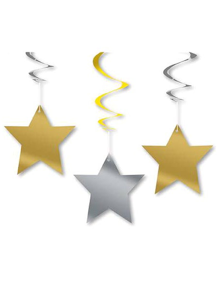 3 zlaté a stříbrné závěsné dekorace s hvězdami 60 cm