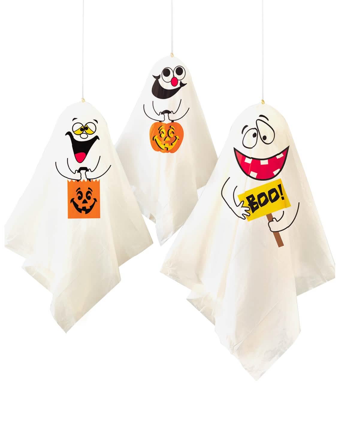 3 bílí duchové k zavěšení na halloween s dýní a vtipné motivy