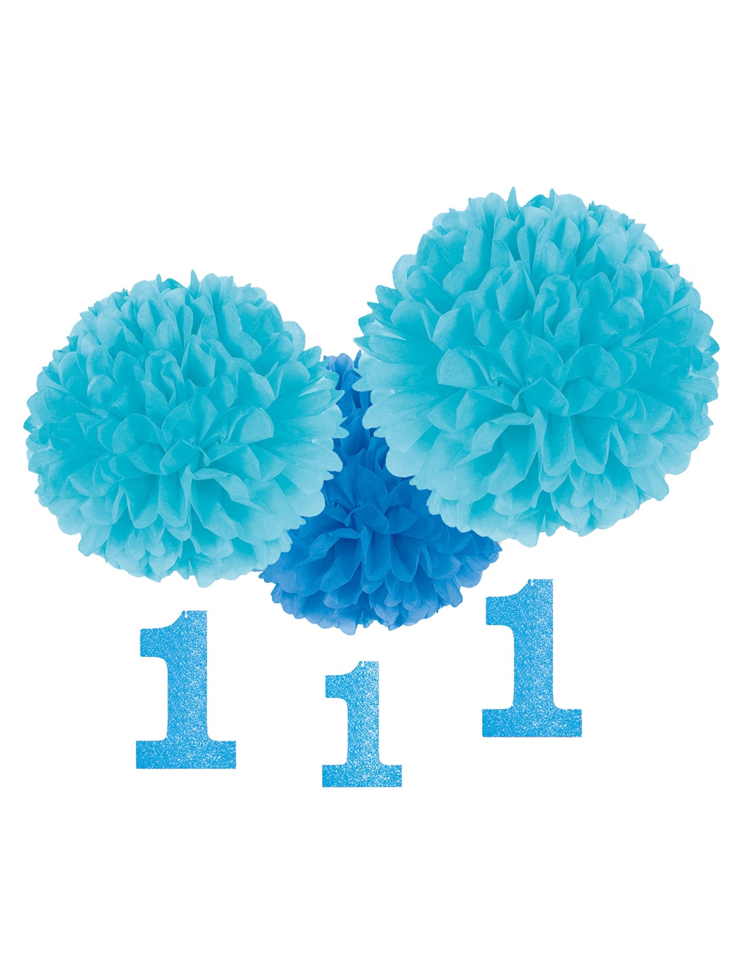 Pompons à suspendre 1 an pour anniversaire bleu avec chiffres 1 pailletés