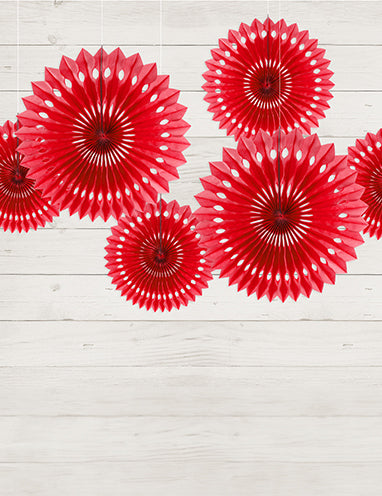 3 červené papírové vějířové rozety 20, 25 a 30 cm