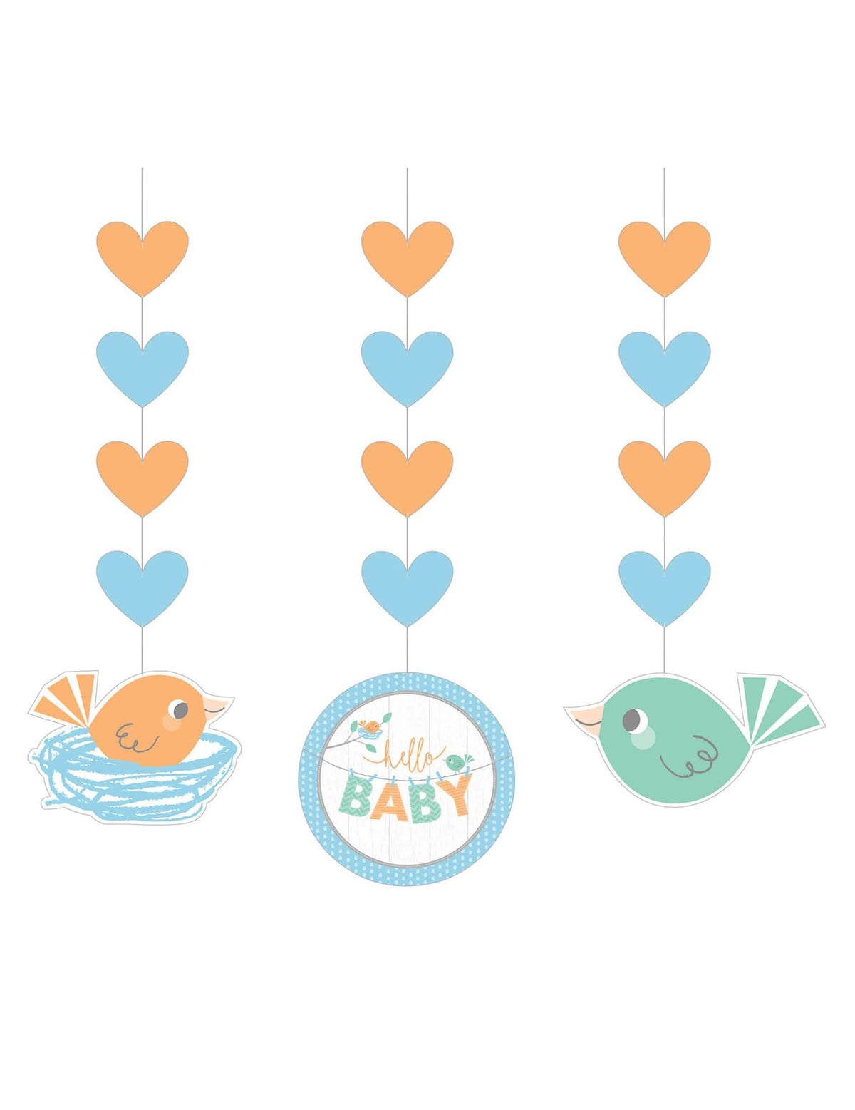 3 papírové závěsy Hello Baby pro baby shower, modré a oranžová, s ptáčky a srdíčky