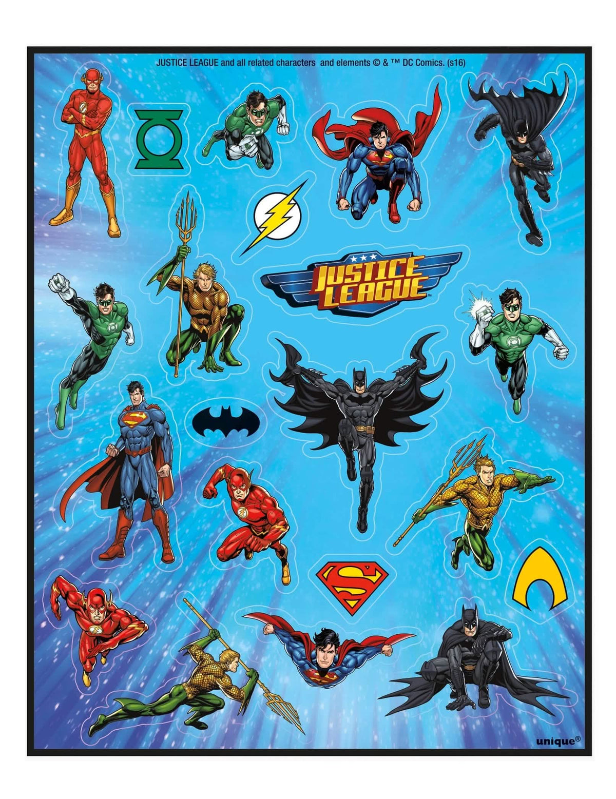 Vícebarevné archy samolepek Justice League se Supermmanem Batmanem a Flashem