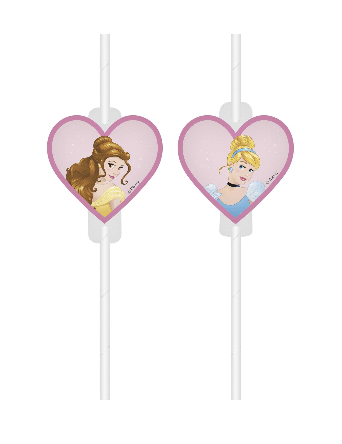Pailles médaillon en carton Princesses Disney pour enfant roses en forme de cœur