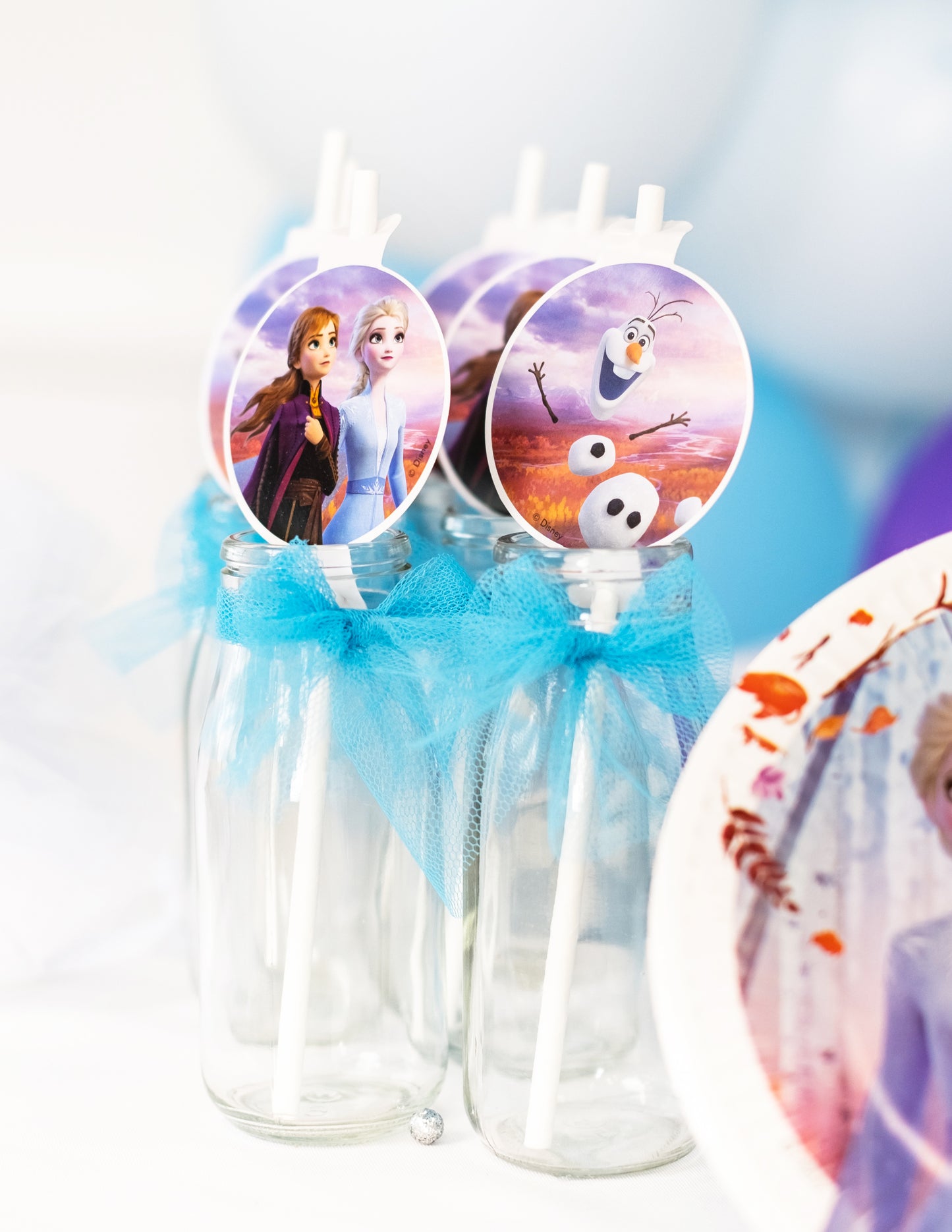 Détail de la présentation des pailles médaillons en carton La Reine des Neiges 2