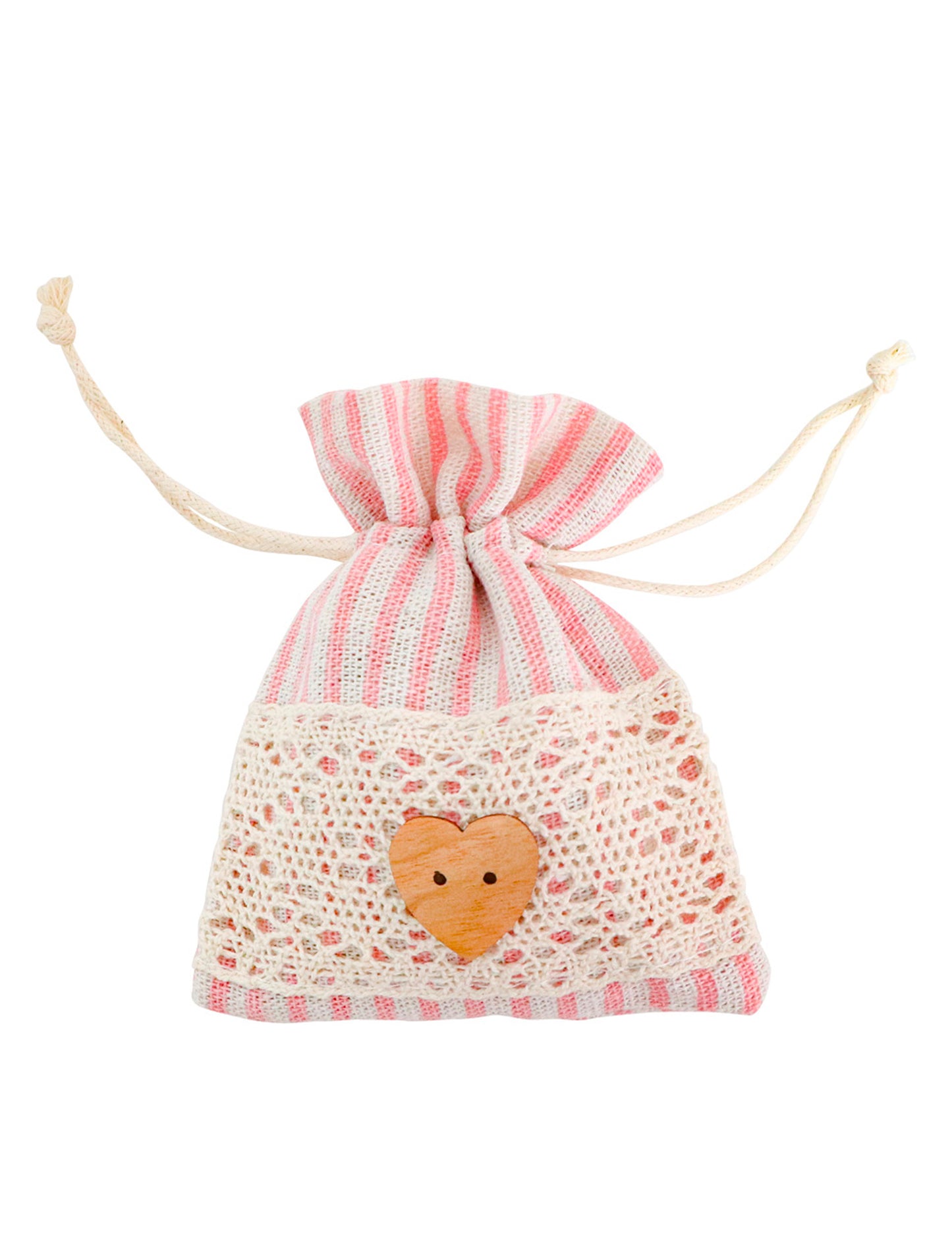 4 pastelově růžové pruhované a krajkové sáčky 8 x 10 cm s dřevěným srdcem