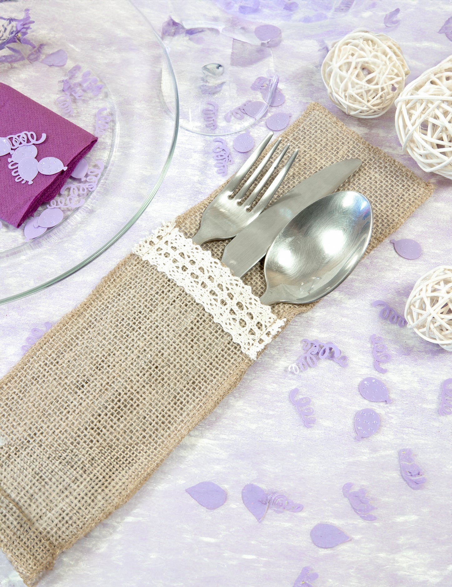 4 držáky na příbory s jutovým a bílým krajkovým efektem 8,5 x 24,5 cm