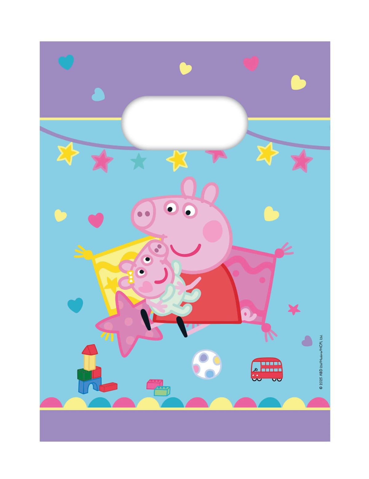 dárkové tašky z papíru Prasátko Peppa pro dítě modré a fialové s motivy srdcí a hvězd