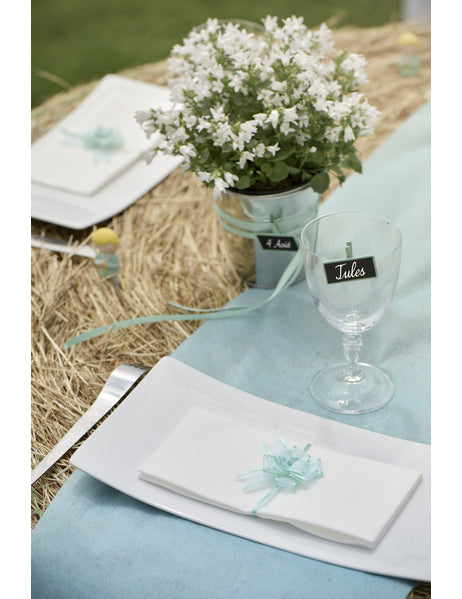 Mise en situation sur une serviette de table des minis nœuds pour décoration en organdi turquoise