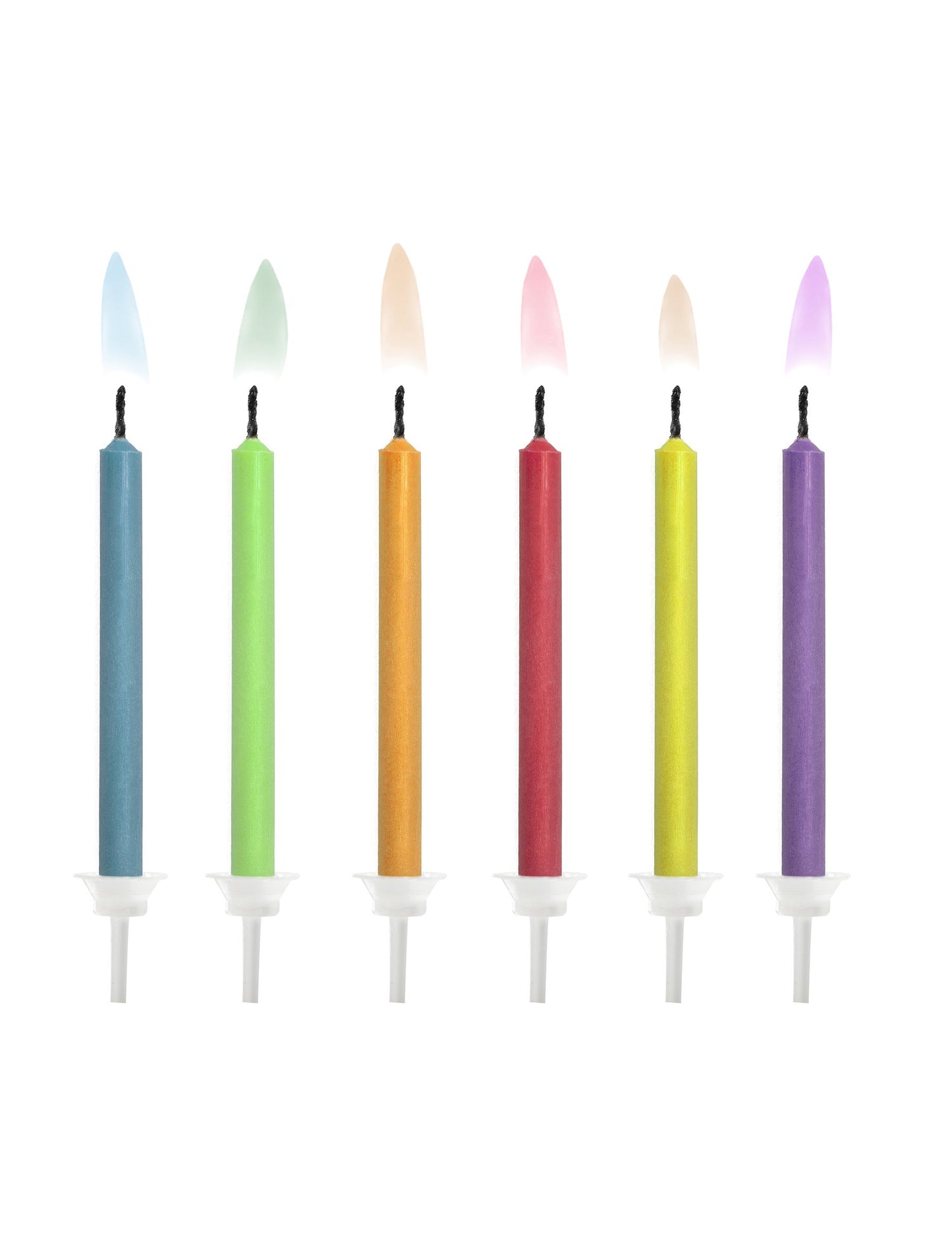 6 bougies d'anniversaire à flamme colorée pour gâteau multicolores avec supports