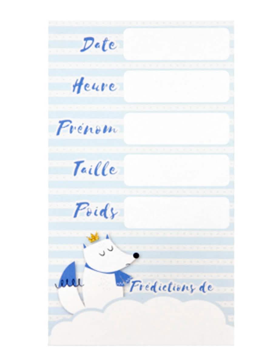 Kartičky s předpověďmi s motivem bílé lišky pro baby shower, modré