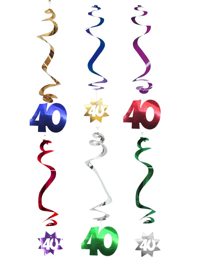 Barevné kovové spirálové dekorace k zavěšení na 40. narozeniny