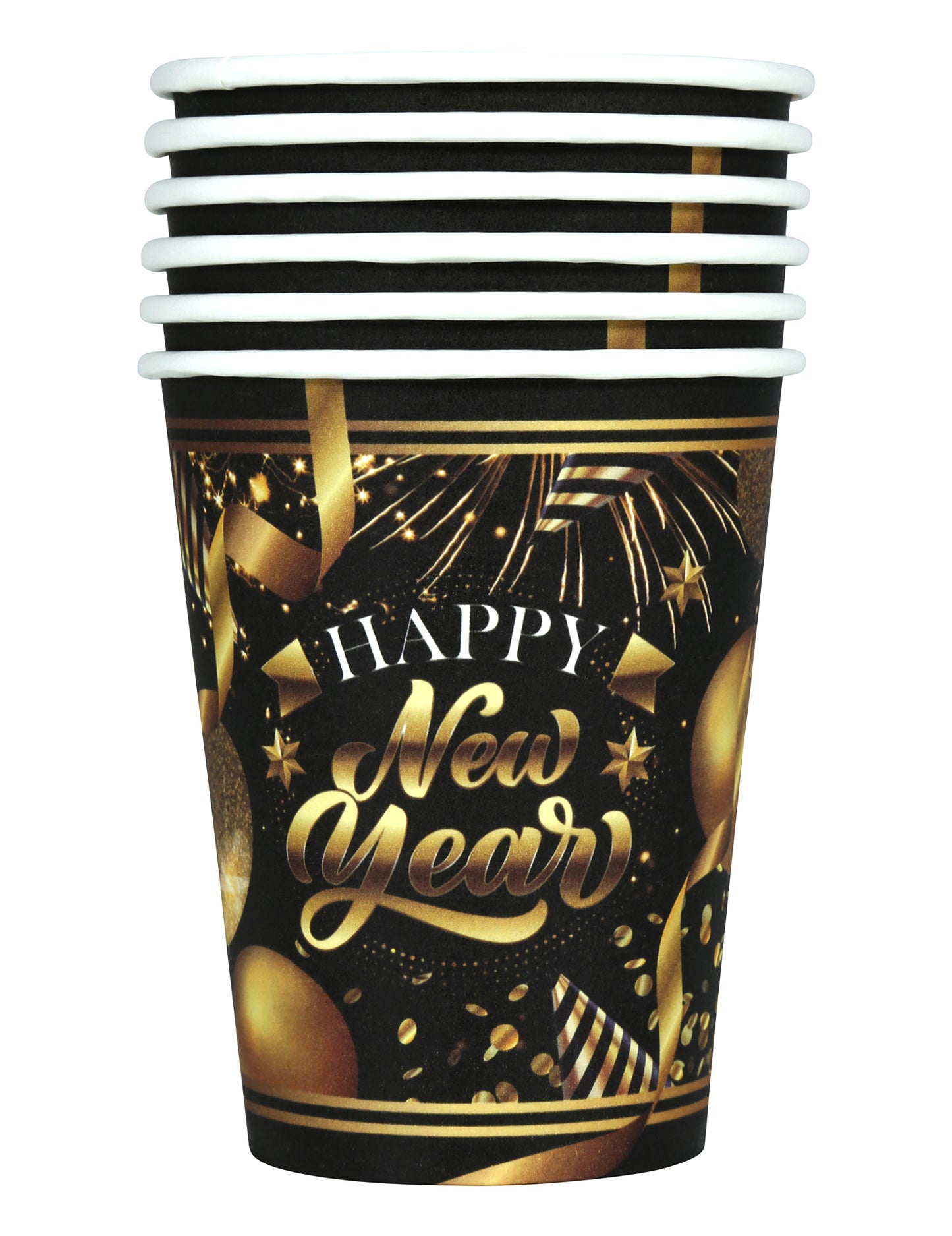 6 šťastný nový rok černo-zlaté papírové kelímky 240 ml