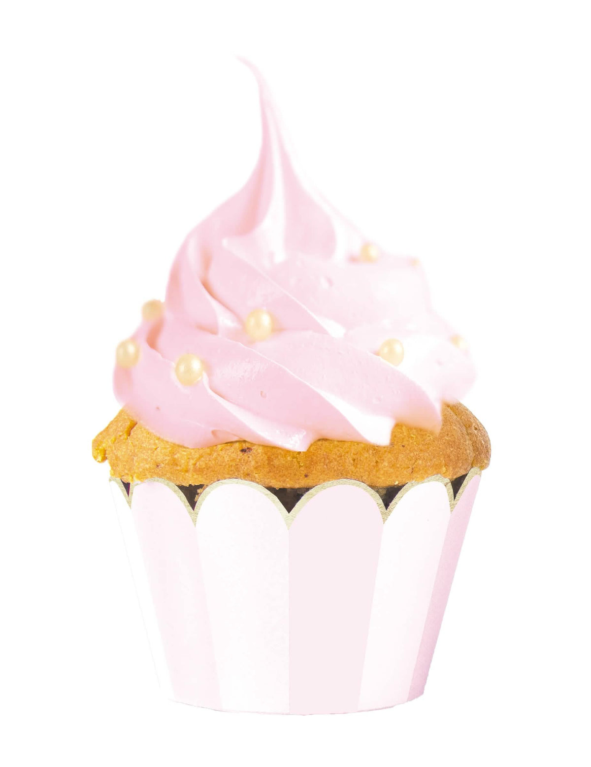 Obal na cupcake růžová a bílá s vroubkovanými zlatými okraji