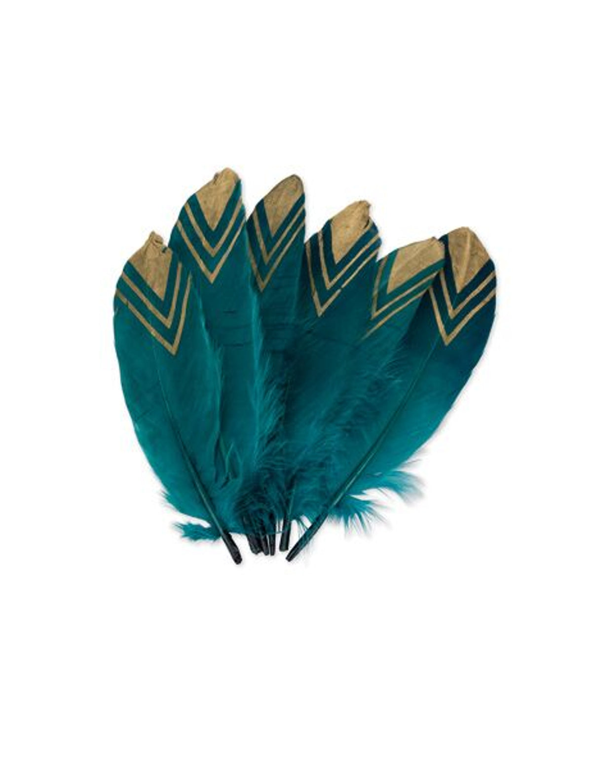 6 plumes ethniques bleu paon et or pailletées
