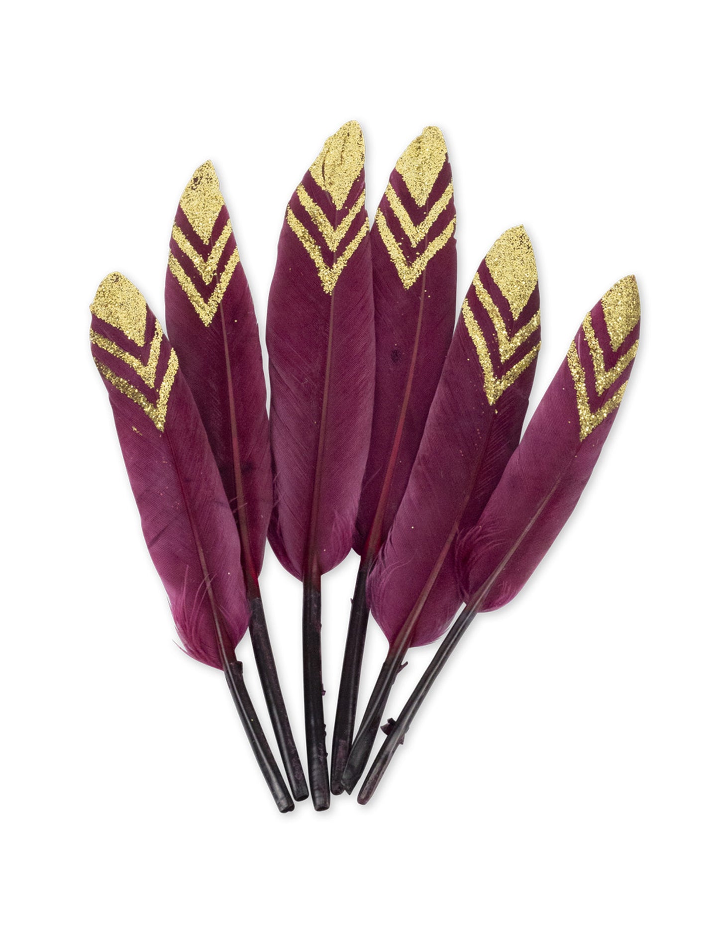 6 etnických per marsala a zlaté flitry 14 cm na dekoraci