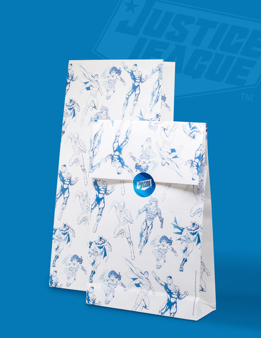Vue de face et profil des sacs cadeaux Justice League