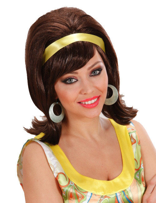 Hnědá paruka 60. let se žlutou stuhou pro ženy