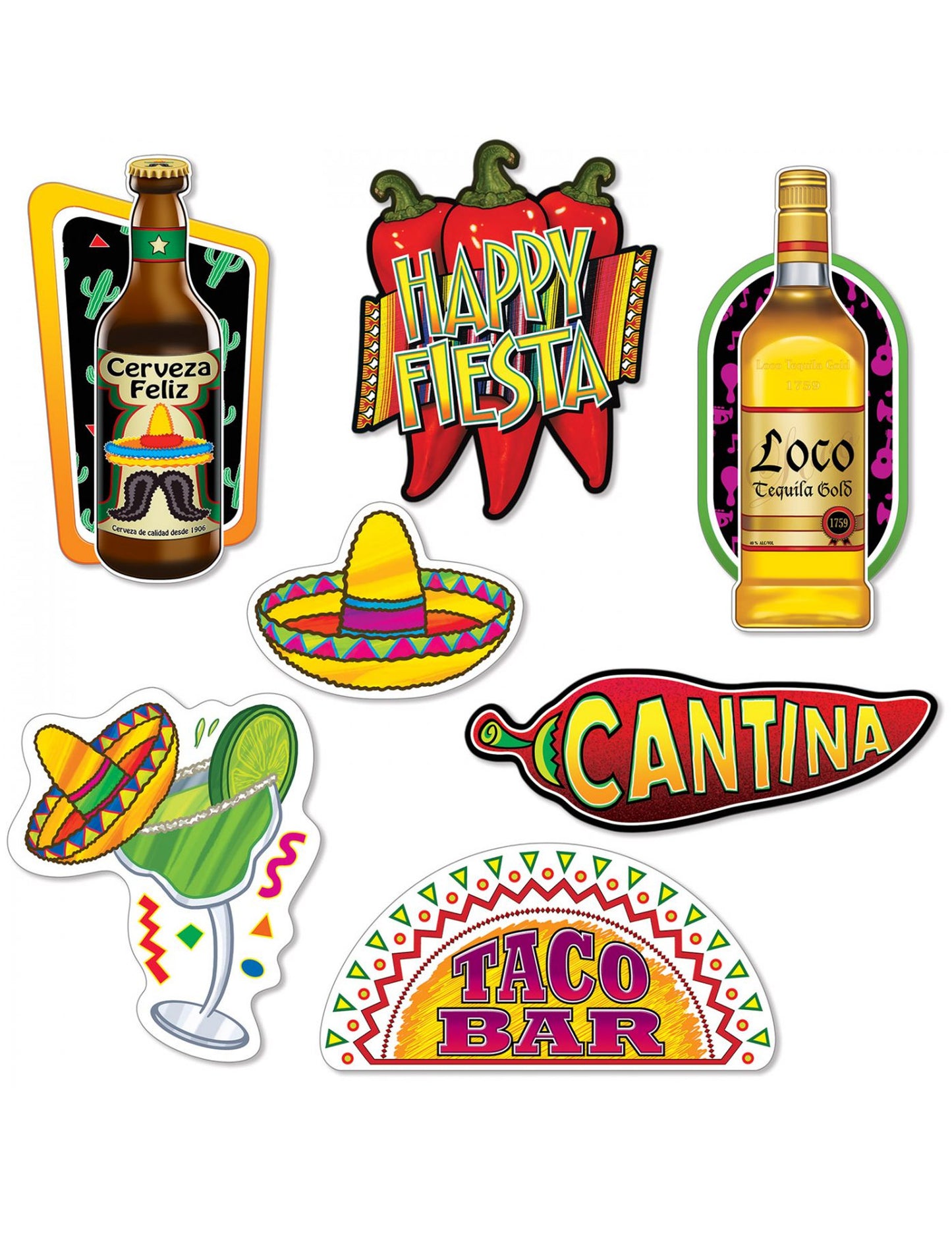 7 Cutouts en carton fiesta mexicaine multicolores avec motifs sombrero et bouteilles