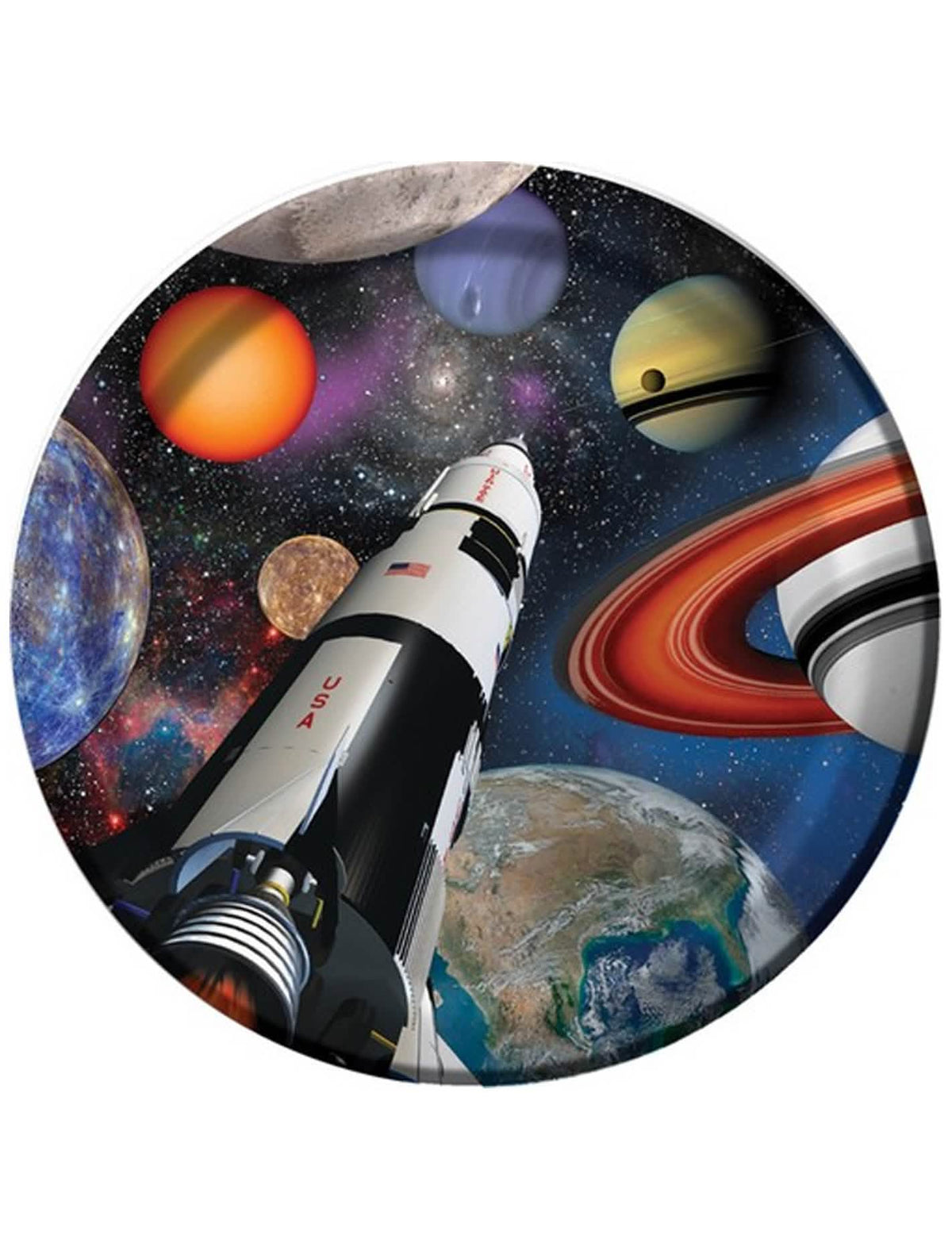 Papírové talíře k narozeninám do vesmíru pro dítě s raketou a barevnými planetami