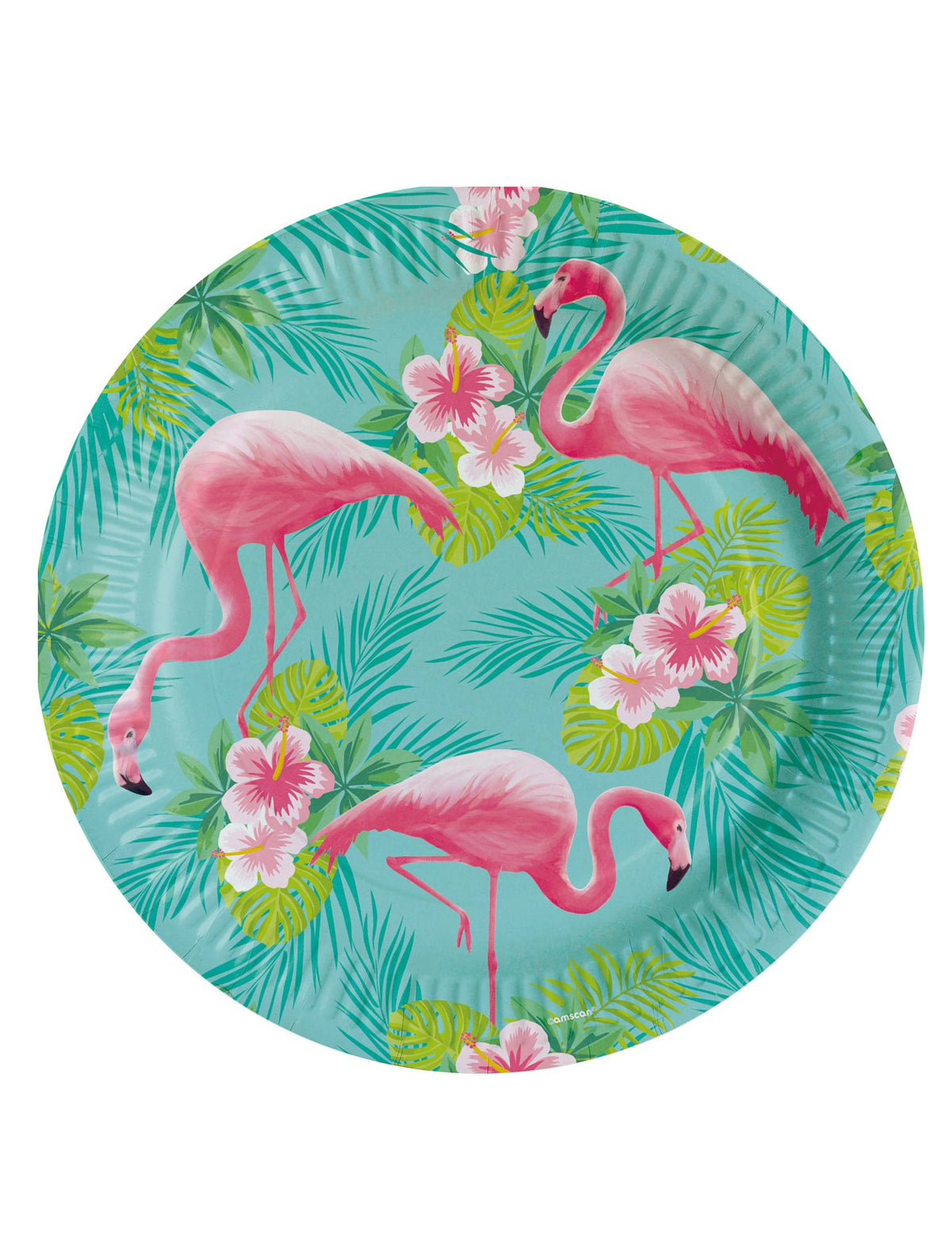 Papírové talíře Flamingo Paradise s tropickým tyrkysovým dekorem s růžovými plameňáky a ibiškem