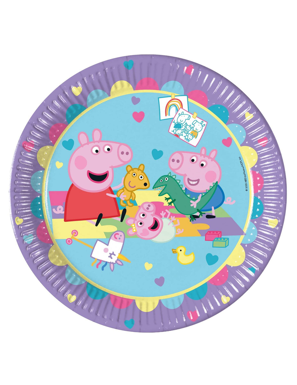 Papírové talíře Prasátko Peppa fialové a modré s motivy srdcí a postav